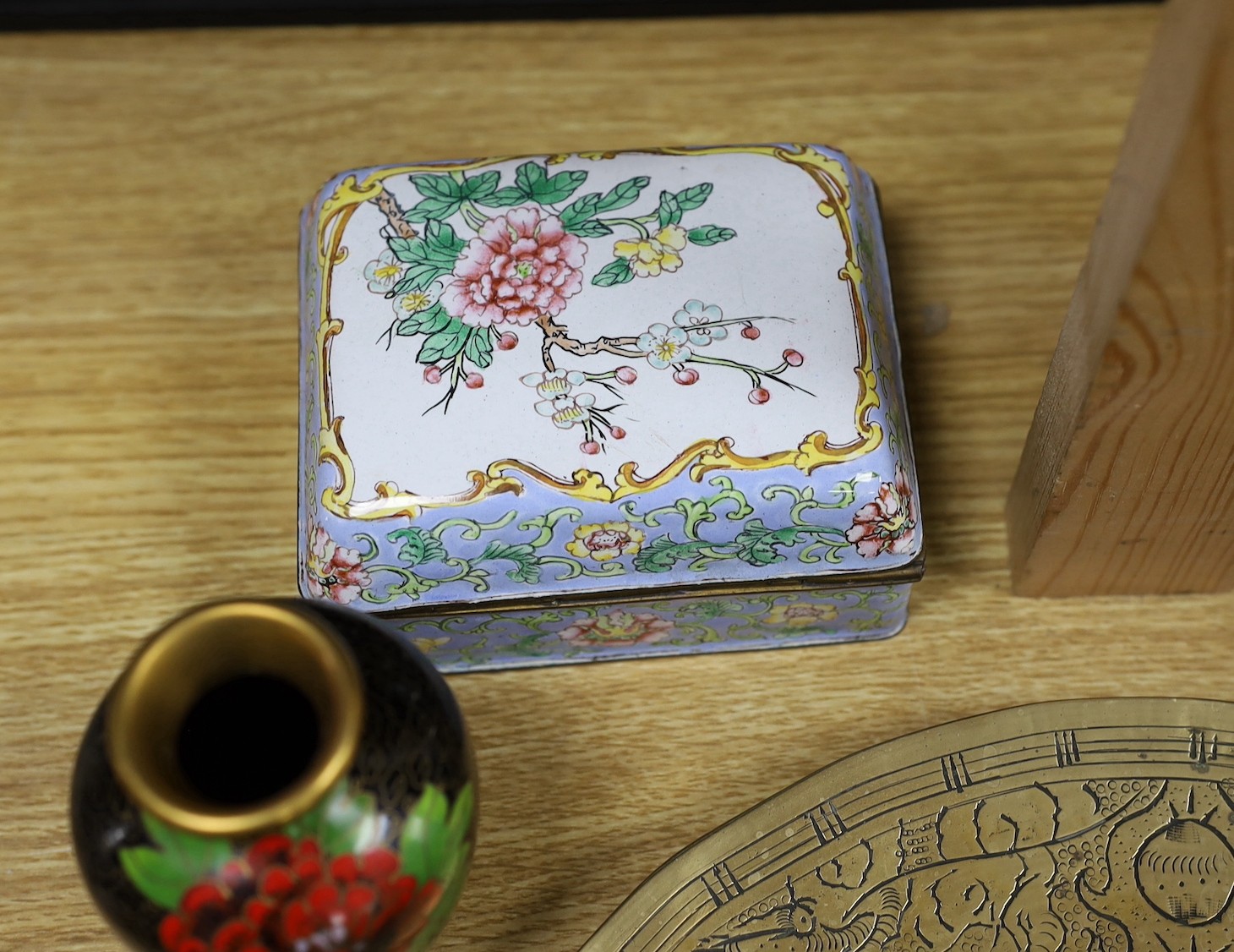 A group of Chinese cloisonné enamel and Guangzhou enamel vases, bowls and miniature tea pots together with a bronze dish, 27.5cm